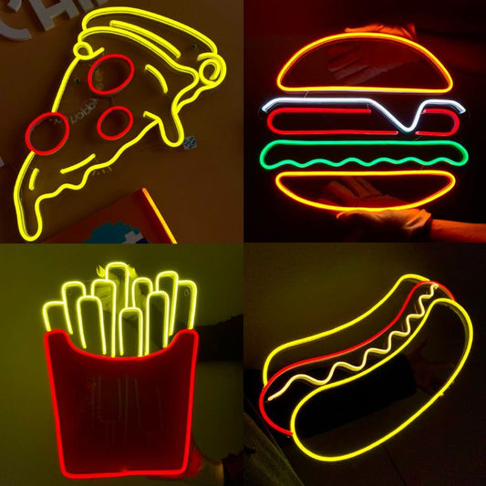 Resto Fast Food Neon Sign | Custom Neon Sign | Neon for Restaurants and Shops Four neon signs shaped like a pizza slice, hamburger, French fries, and hot dog on a dark background.
