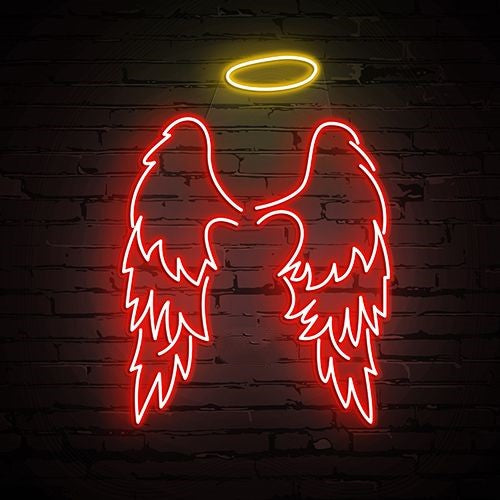 Ring Wings Neon Sign | Custom Neon Sign | Neon for Living Room, Banquet Neon sign of angel wings and halo on a brick wall background