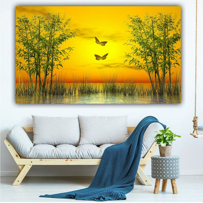 golden sunset bamboo lake canvas wall painting with butterflies