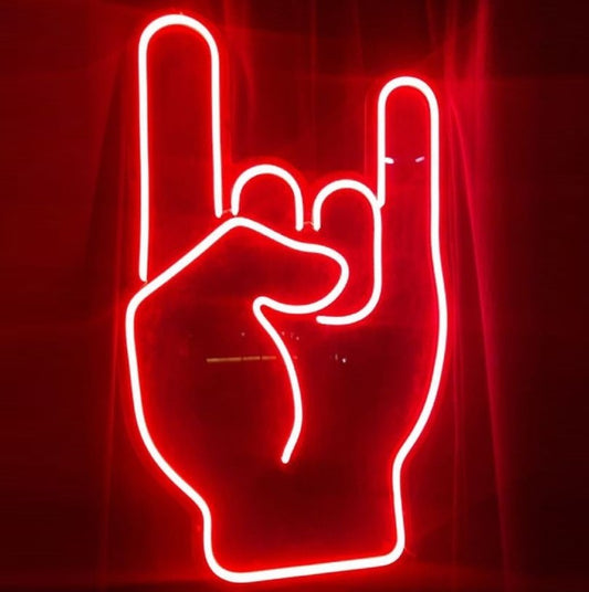 Rock N Roll Neon Sign | Custom Neon Sign | Neon for Music Studio Neon sign of a hand making a peace sign on a red background