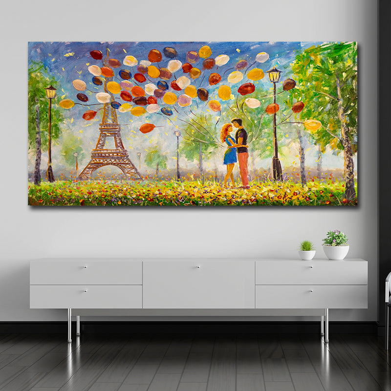 Romantic Eiffel Tower couple panoramic canvas wall painting with colorful balloons for large living room and bedroom wall decor