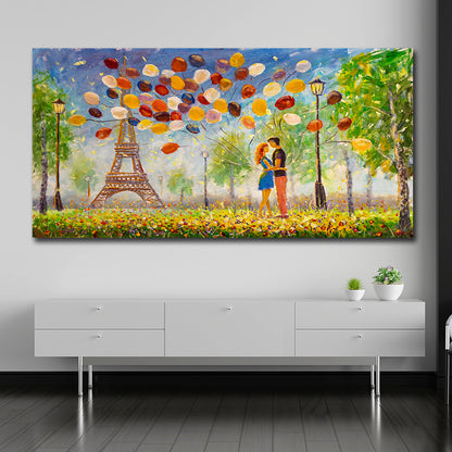 Romantic Eiffel Tower couple panoramic canvas wall painting with colorful balloons for large living room and bedroom wall decor