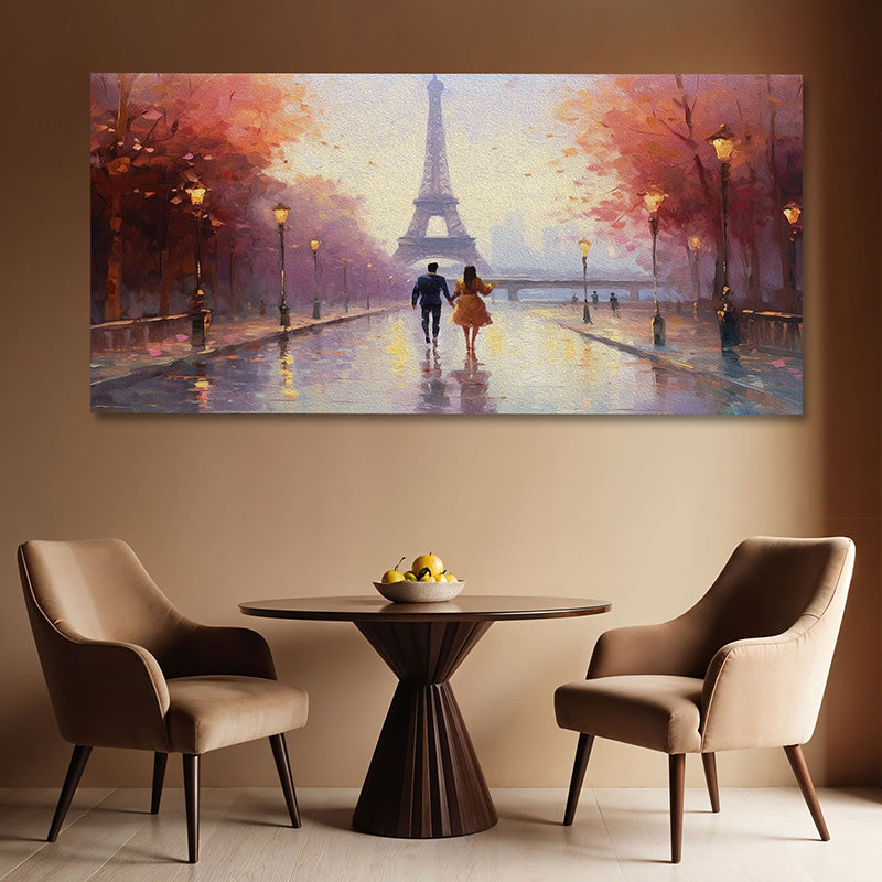 Romantic Paris Eiffel Tower couple walking on rainy street canvas wall painting
