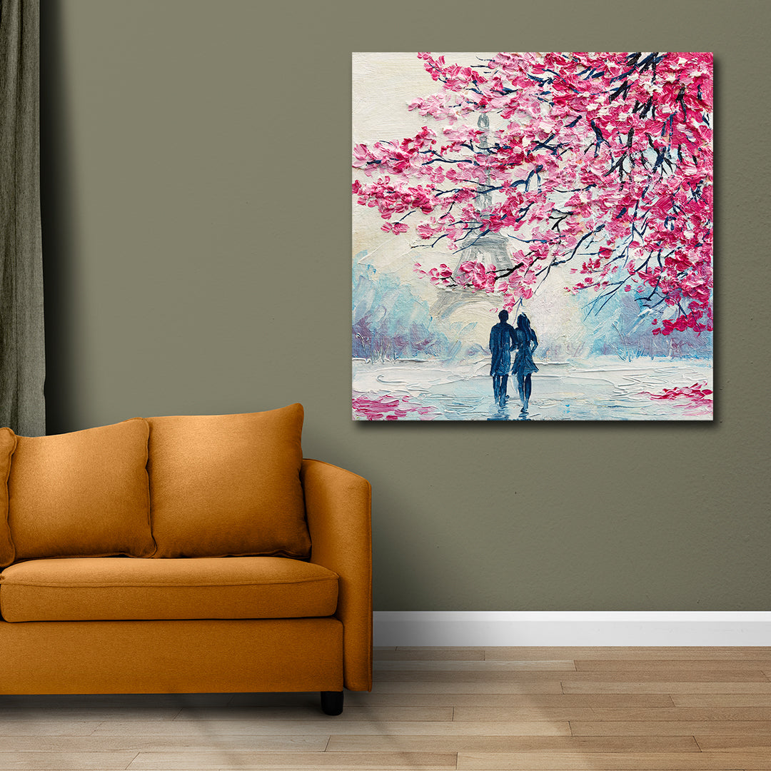 Couple under pink blossom tree artwork canvas print for elegant interiors