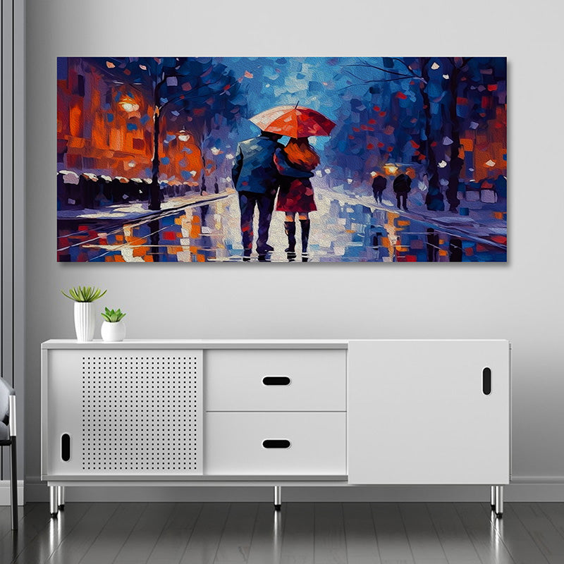 Romantic couple under umbrella walking on rainy night modern canvas wall painting