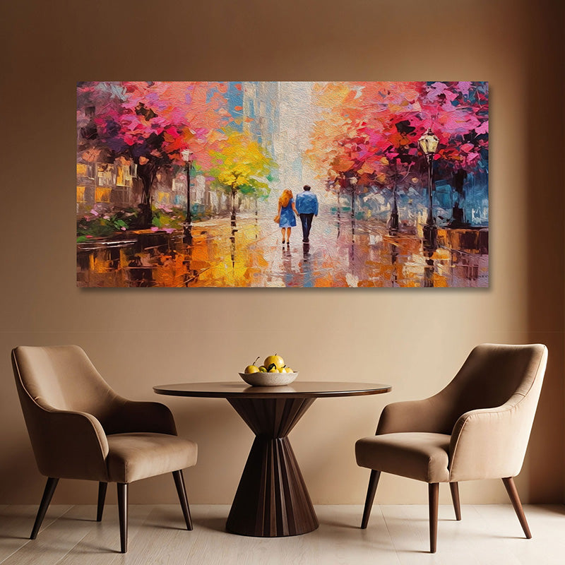 Romantic couple walking on rainy street modern canvas wall painting