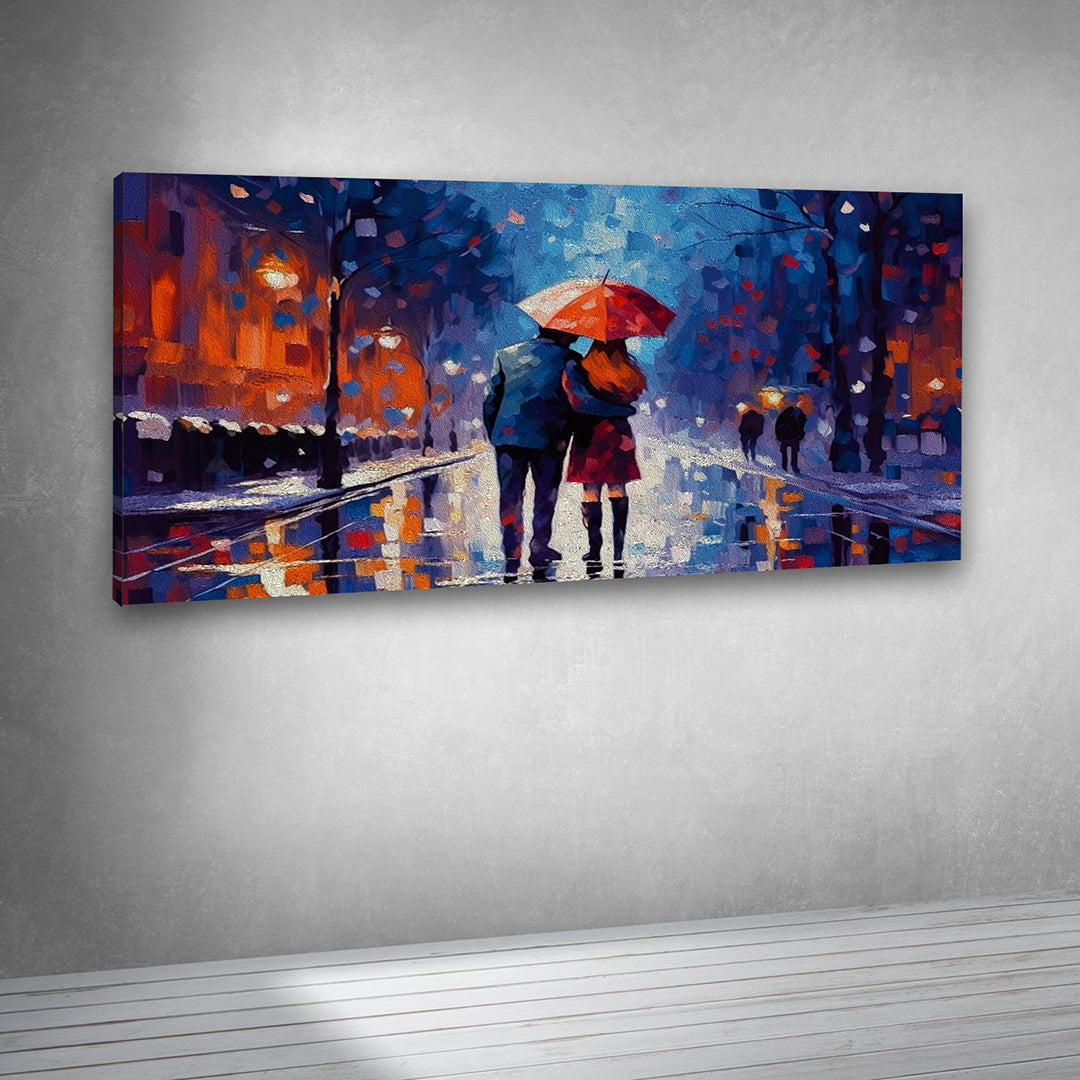 Couple walking in rain artwork canvas print for contemporary interiors