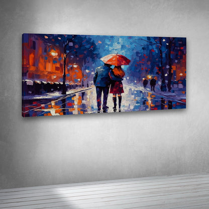 Couple walking in rain artwork canvas print for contemporary interiors