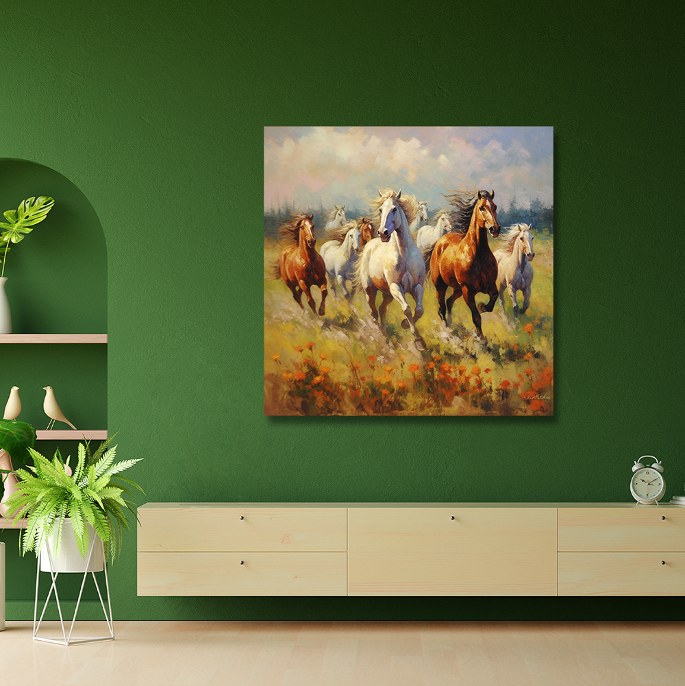  Running Horses Painting Canvas Wall Frame | Canvas Painting Frame Wall Art Decor (24x24 Inches)
 Painting of horses running in a field on a green wall above a wooden cabinet.