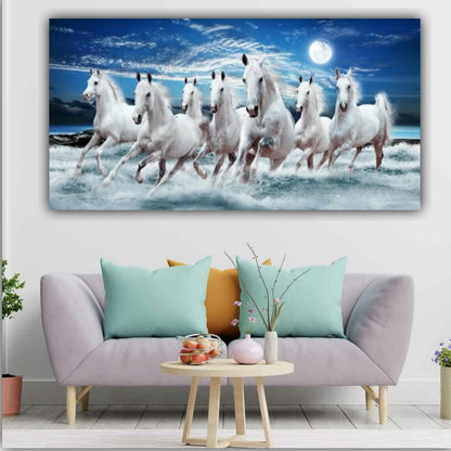 Running White Horses Vastu Painting Canvas Wall Frame