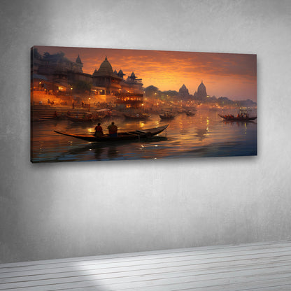 Sunset river cityscape artwork canvas print for contemporary interiors