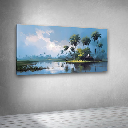 Scenic nature wall art with palm trees lake view horizontal painting for living room