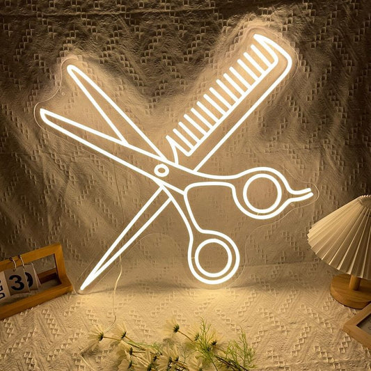 Scissor Comb Neon Sign | Comb Custom Neon Sign | Neon for Salon Neon sign of a comb and scissors on a textured wall.