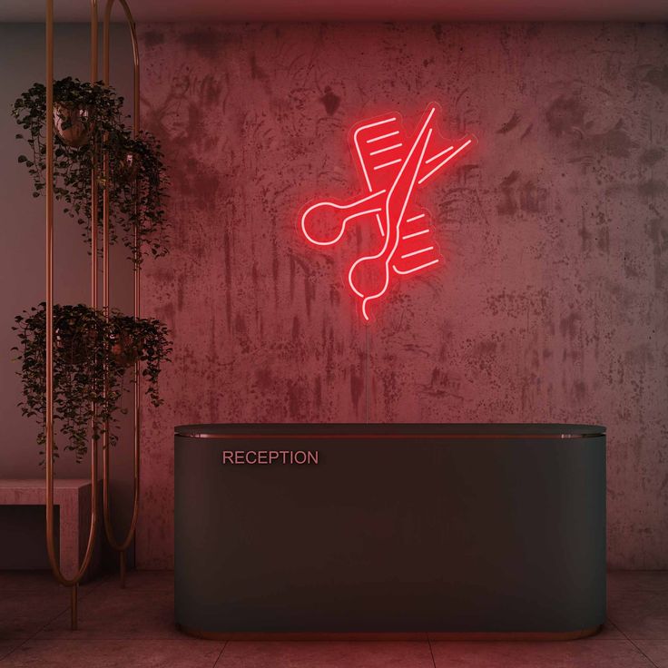 Scissor Comb Neon Sign | Custom Neon Sign | Neon for Salon Decoration Sign Neon sign of a hairbrush and scissors on a textured wall above a reception desk.