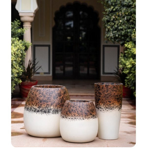 Set of 3 Modern White & Terracotta Planter Pots, Decorative Ceramic Look Plant Pot Set