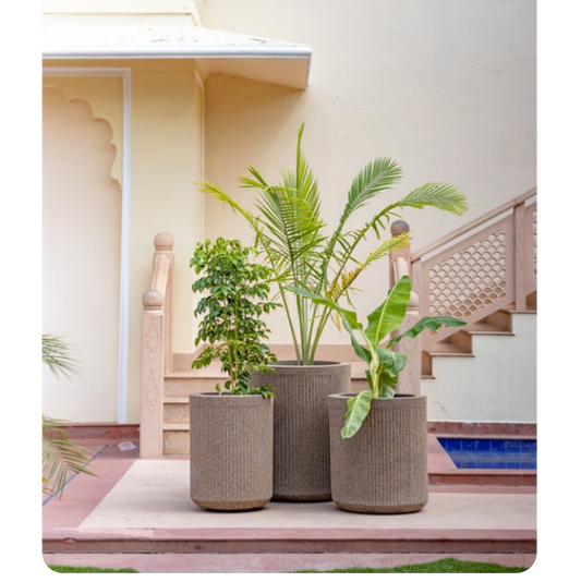 Set of 3 Taupe Textured Planter Pots, Modern Cylindrical Decorative Plant Pot Collection