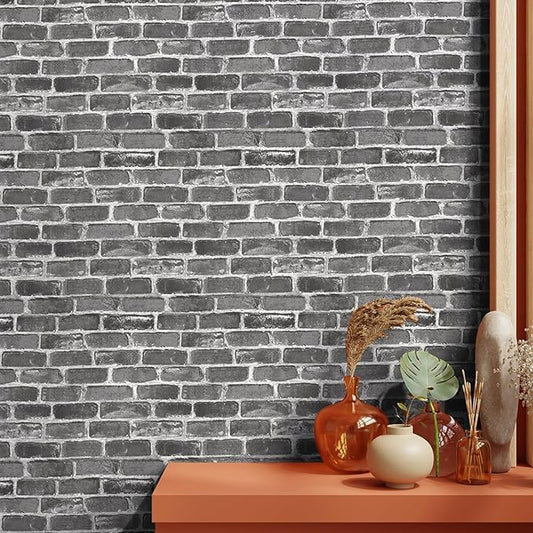 Self-Adhesive Wallpaper Peel and Stick Decorative Abstract Design Wall Covering 45cm X 3Mtr (PVC, Roll 14.5 Sqft, Black) Brick wall with decorative vases and plants on a wooden surface