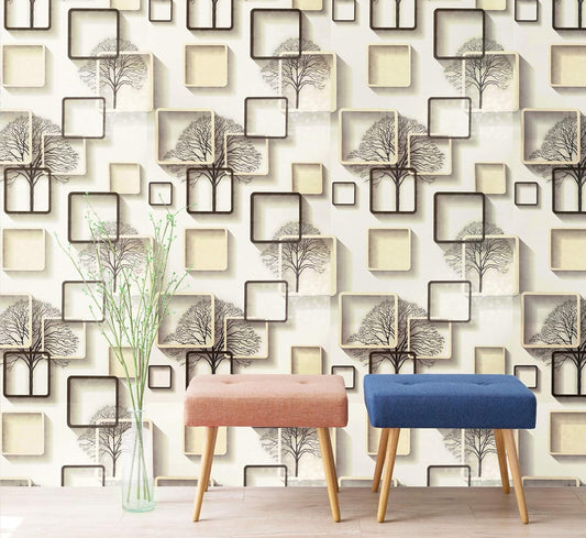 Self-Adhesive Wallpaper Peel and Stick Decorative Abstract Design Wall Covering 45cm X 3Mtr (PVC, Roll 14.5 Sqft, Peach) Two stools, one pink and one blue, against a wall with a geometric tree pattern.