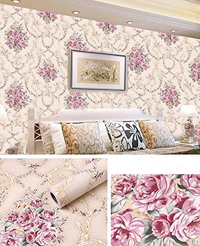 Self-Adhesive Wallpaper Peel and Stick Decorative Abstract Design Wall Covering 45cm X 3Mtr (PVC, Roll 14.5 Sqft, Pink) Floral wallpaper picture on a wall.