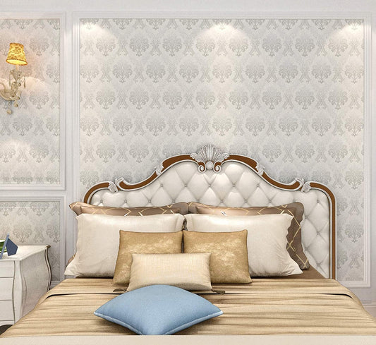 Self-Adhesive Wallpaper Peel and Stick Decorative Damask Design Wall Covering 45cm X 3Mtr (PVC, Roll 14.5 Sqft) Decorative bedroom with a bed featuring pillows and a patterned wall.