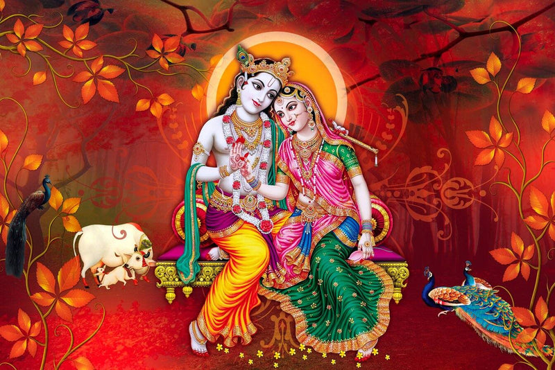 Self Adhesive Radha Krishna Wallpaper | Peel Stick Temple Murals Colorful depiction of a couple in traditional attire with decorative elements on a red background