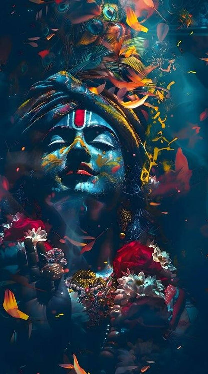 Self Adhesive Religious Art | Krishna Abstract Wallpaper Peel & Stick Colorful mask with floral decorations against a dark background