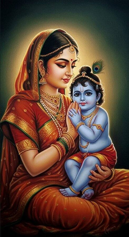 Self Adhesive Wallpaper | Yashoda Bal Gopal Peel & Stick Print Woman holding a blue-skinned child in traditional attire with a dark background