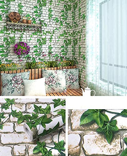 Self Adhesive Wallpaper for Living Room, Bedroom, Office Easy to Stick PVC Waterproof Peel and Stick Wall Paper for Home décor 45x300 cm Decorative green leaves on a white brick wall with plants and pillows.