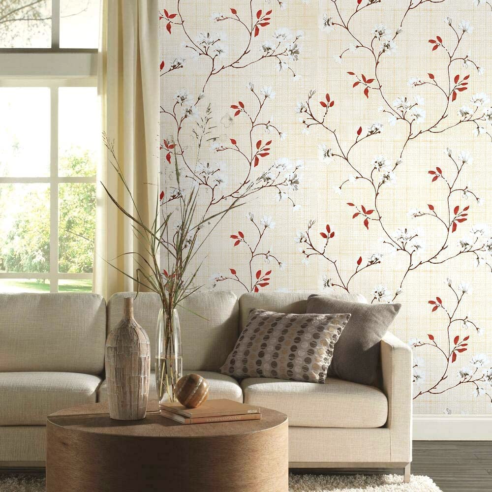 Self Adhesive Wallpaper for Wall Decor Waterproof Vinyl Stickers PVC Wall Papers (45 cm x 300 cm) (Beige Flower) Living room with floral wallpaper, beige sofa, and decorative elements.