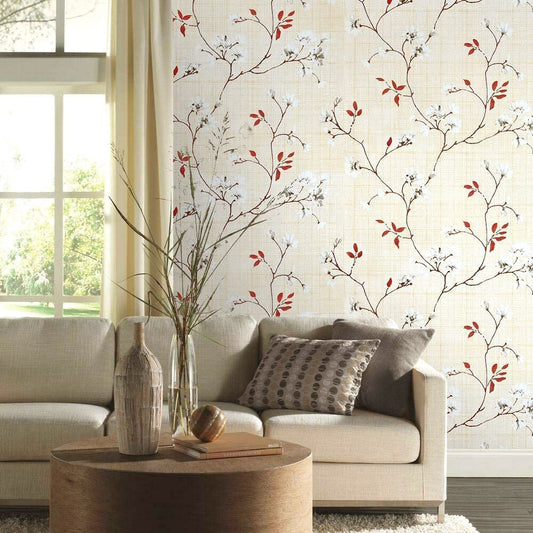 Self Adhesive Wallpaper for Wall Decor Waterproof Vinyl Stickers PVC Wall Papers (45 cm x 300 cm) (Beige Flower) Living room with floral wallpaper, beige sofa, and decorative elements.