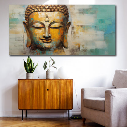 Serene Buddha face abstract canvas wall painting with calm expression and textured design for living room and meditation decor Living room with a large Buddha painting on the wall, wooden cabinet, and gray sofa.