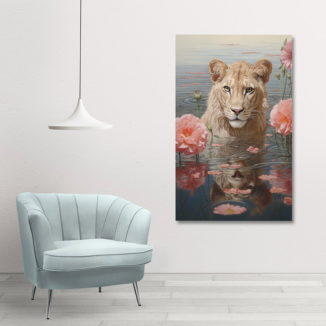 Serene white lion canvas painting wildlife wall art with flowers for modern home decor