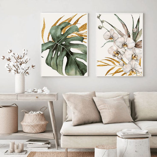 Modern botanical canvas wall decor with tropical monstera leaves and elegant orchid artwork