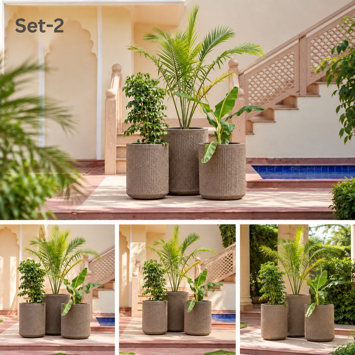 Three-piece beige grey planter set with fine vertical textured finish and ornamental green plants for living room, patio and home décor
