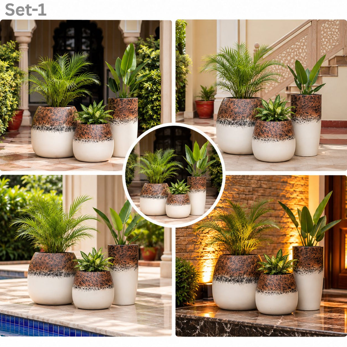 Modern three-piece planter set with white rounded bases and rustic terracotta patterned upper design for indoor and outdoor plant styling