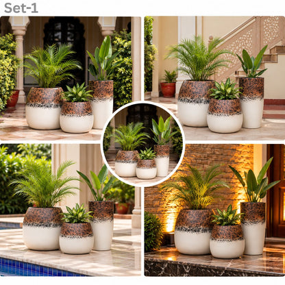 Modern three-piece planter set with white rounded bases and rustic terracotta patterned upper design for indoor and outdoor plant styling