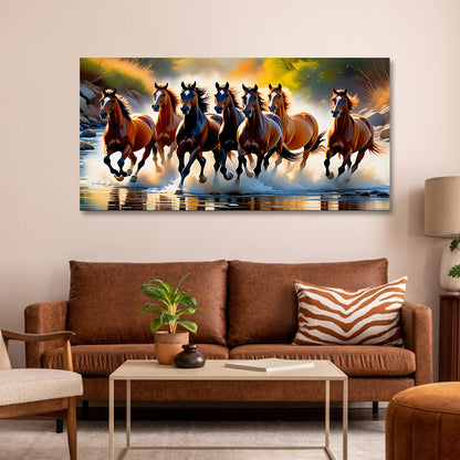 Seven Horses Wall Art – Vastu Running Horses Canvas Painting for Living Room Living room with a large painting of running horses on the wall above a brown sofa.