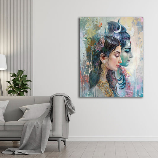 Shiva Shakti union vertical canvas painting divine Shiva Parvati wall art for home and temple decor