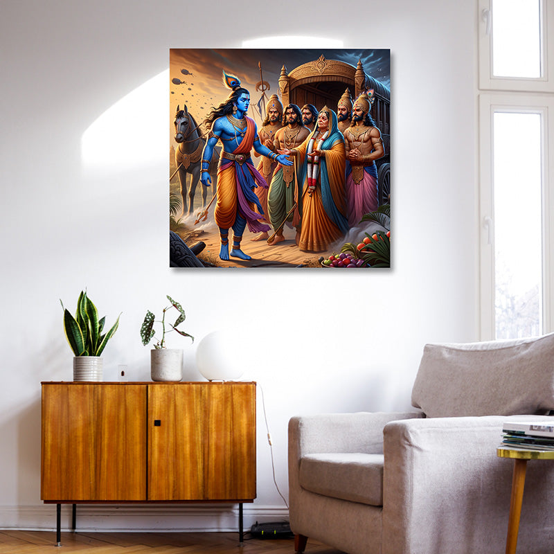 Shri Krishna guiding the Pandavas Mahabharata epic canvas wall painting