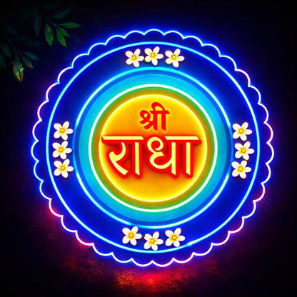 Decorative Shri Radha LED neon light for spiritual wall décor, meditation room, and festive decoration