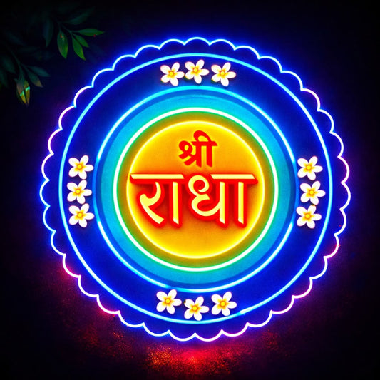Decorative Shri Radha LED neon light for spiritual wall décor, meditation room, and festive decoration