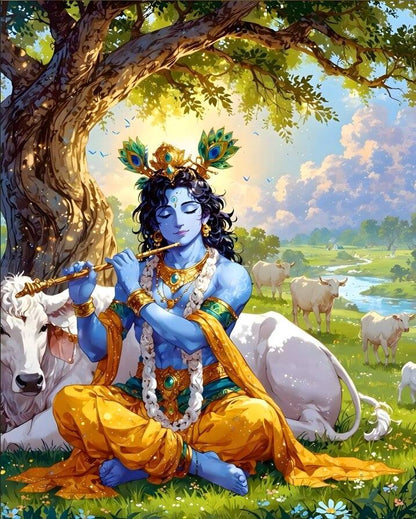Sitting Krishna With Cow Wallpaper | Spiritual Art for Music Room Blue-skinned figure in a golden outfit playing a flute in a pastoral setting with cows and trees.