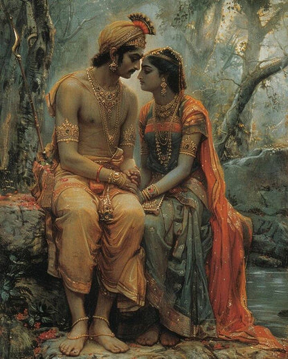 Sitting Radha Krishna Wallpaper | Spiritual Wall Decor for Living Room Two people in traditional attire sitting by a stream with a forest background