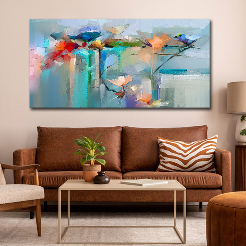 Soft abstract floral panoramic canvas wall painting with pastel tones for large living room and modern wall decor