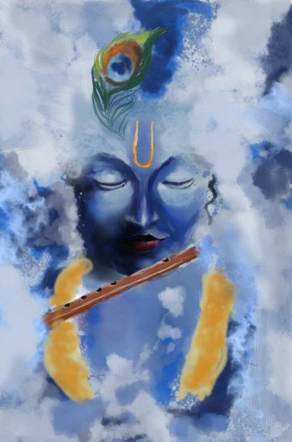 Spiritual Lord Wall Art | Krishna Blowing Flute Canvas Painting for Decor Blue-skinned figure with a peacock feather and flute against a cloud-like background