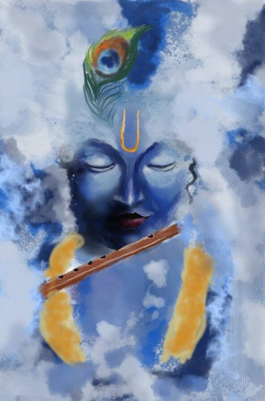 Spiritual Lord Wall Art | Krishna Blowing Flute Canvas Painting for Decor Blue-skinned figure with a peacock feather and flute against a cloud-like background