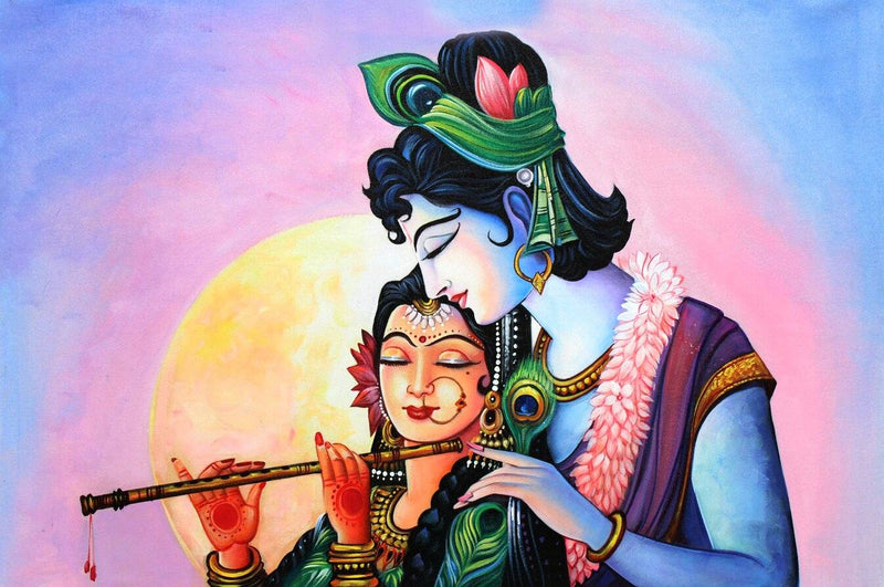 Spiritual Self Adhesive Lord Radha Krishna Wall Decor | Removable Wallpaper Artistic depiction of two figures in a romantic pose with a colorful background
