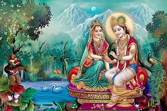 Spiritual Wall Canvas | Radha Krishna Canvas Painting for Wall Decor Colorful depiction of two figures in traditional attire with a scenic background