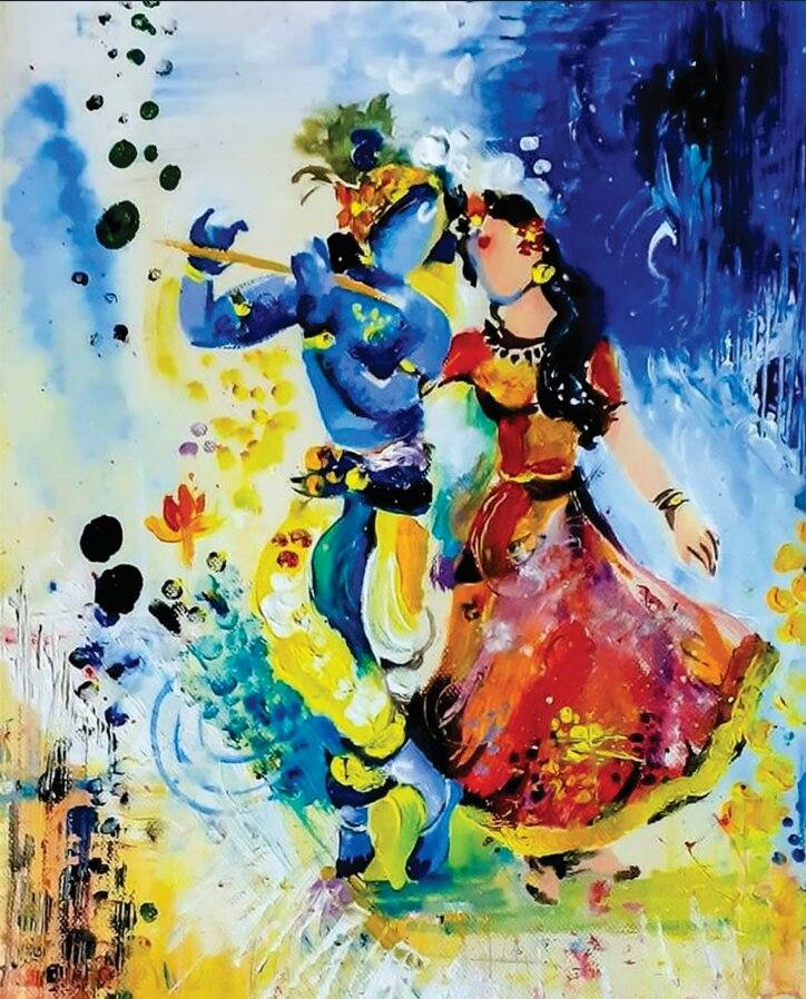 Spiritual Wall Covering | Radha Krishna Peel & Stick Wallpaper Colorful painting of a couple dancing with abstract background