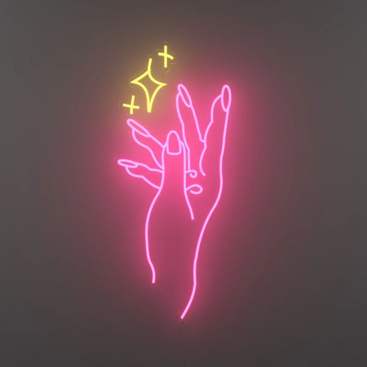 Stars Girl Hand Salon Neon Sign | Custom Neon Sign | Neon for Makeup Studio Neon sign of a hand and stars on a dark background